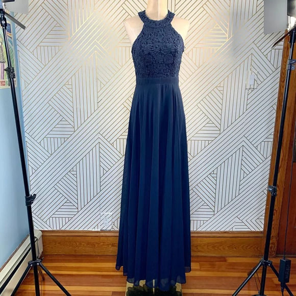 Lulu's Love Poem Lace Halter Gown in Navy Blue - Picture 2 of 9